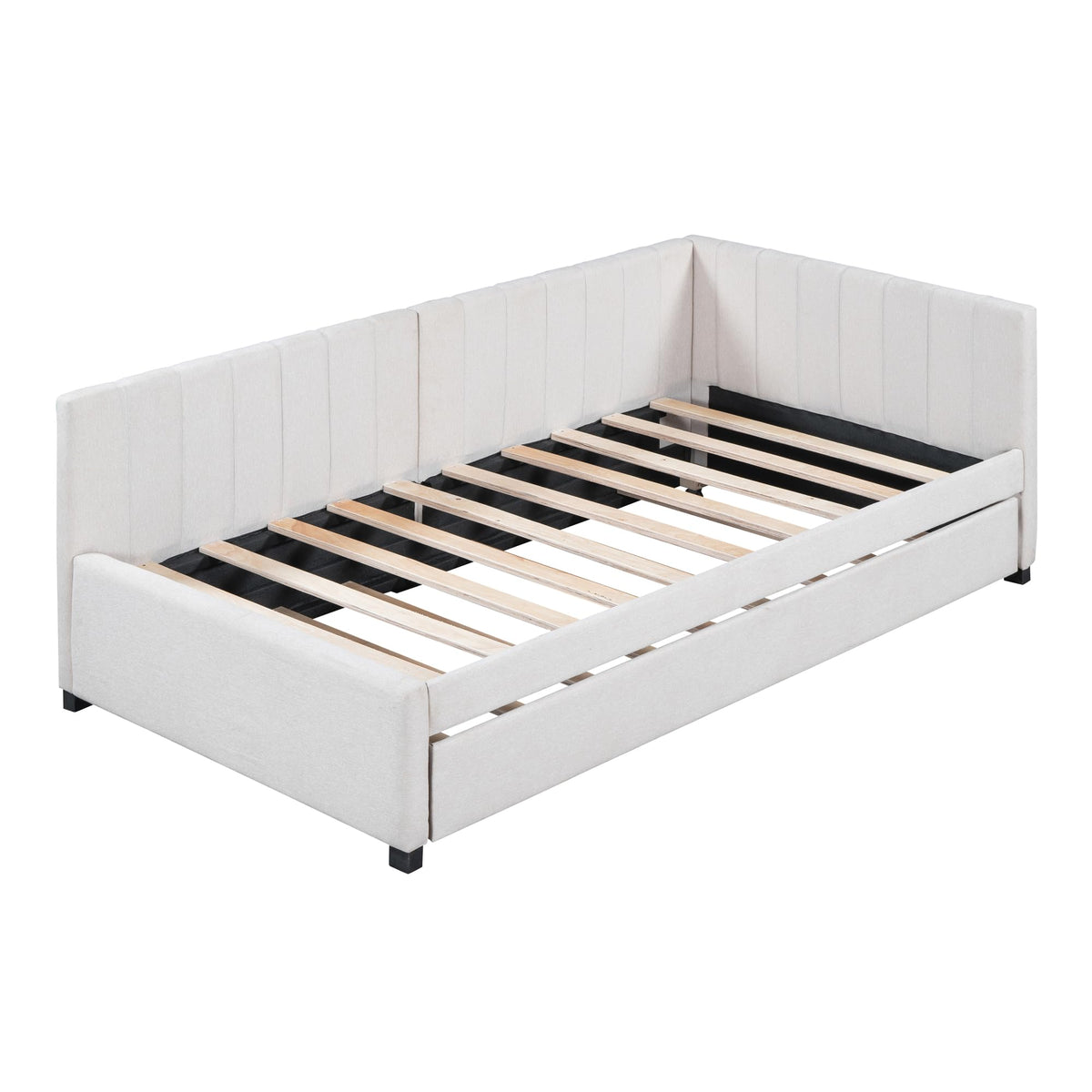 Upholstered Daybed with Trundle Linen Fabric Beige Twin A875075