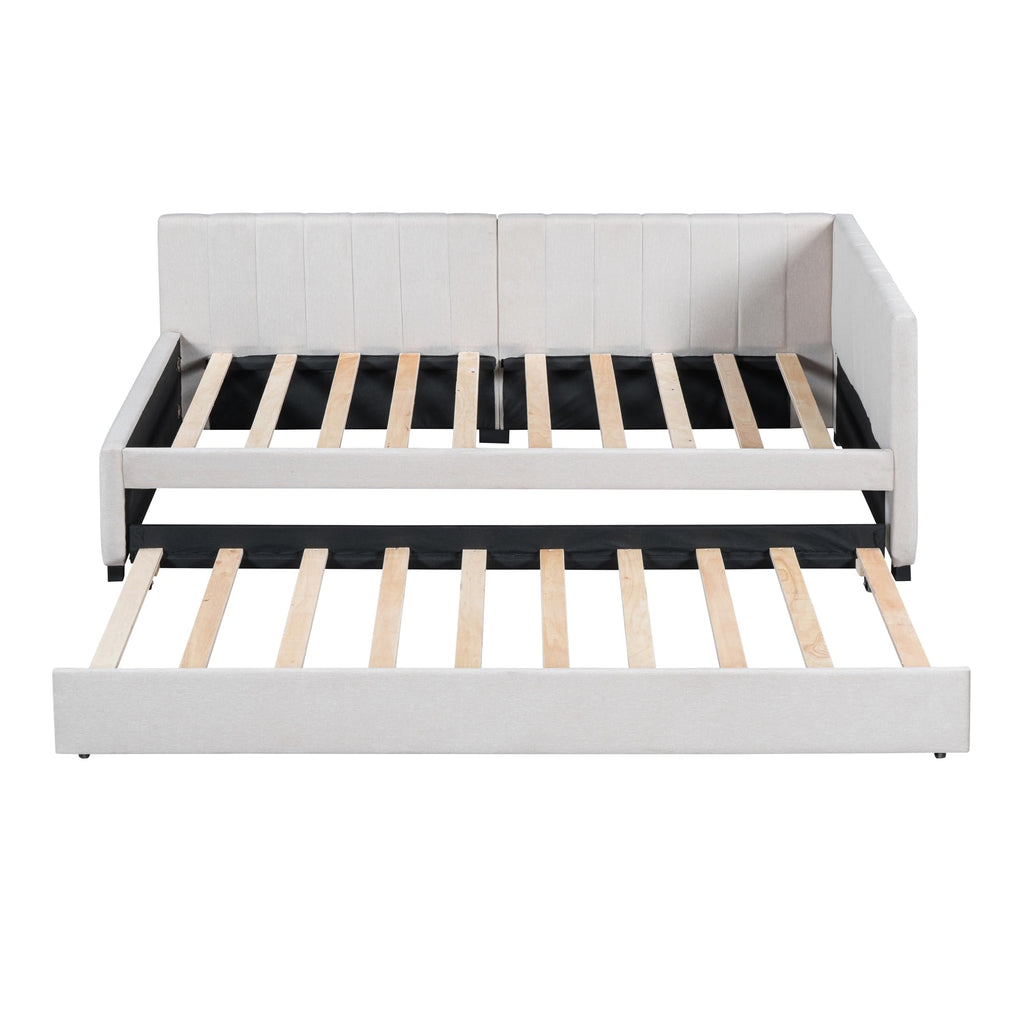 Upholstered Daybed with Trundle Linen Fabric Beige Twin A875075
