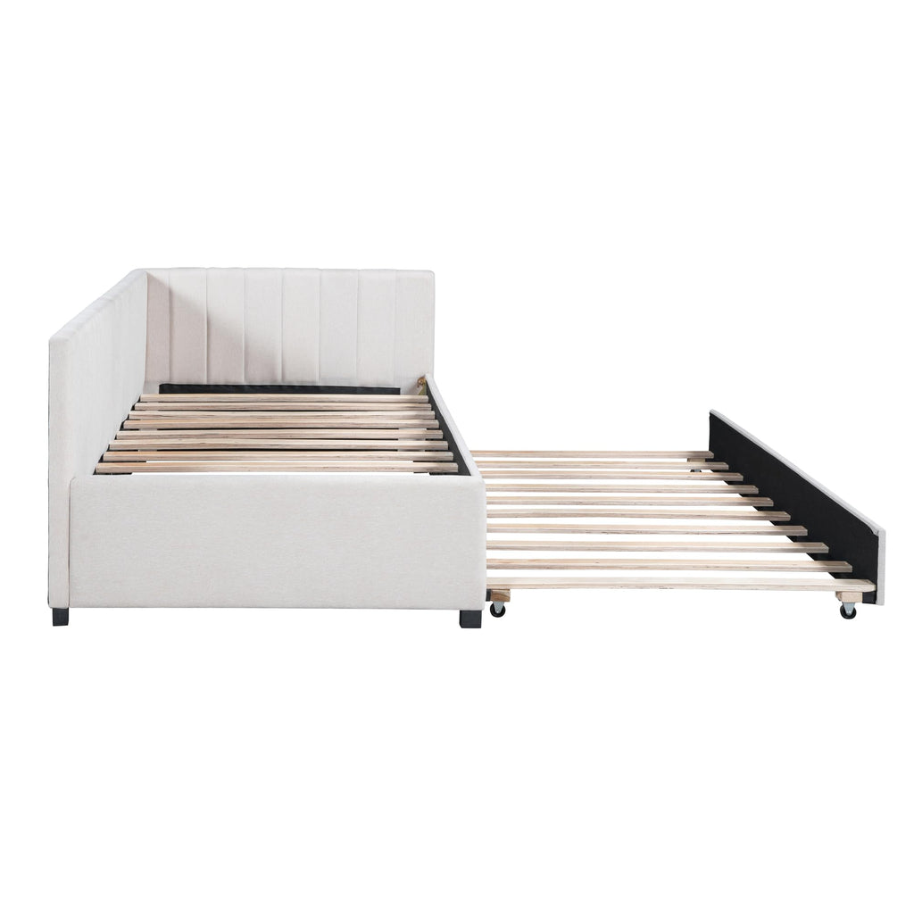 Upholstered Daybed with Trundle Linen Fabric Beige Twin A875075