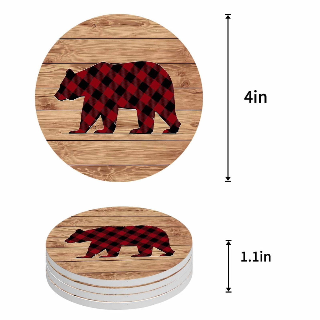 Red Black Plaid Bear Ceramic Coasters Set of 6 with Holder J8829