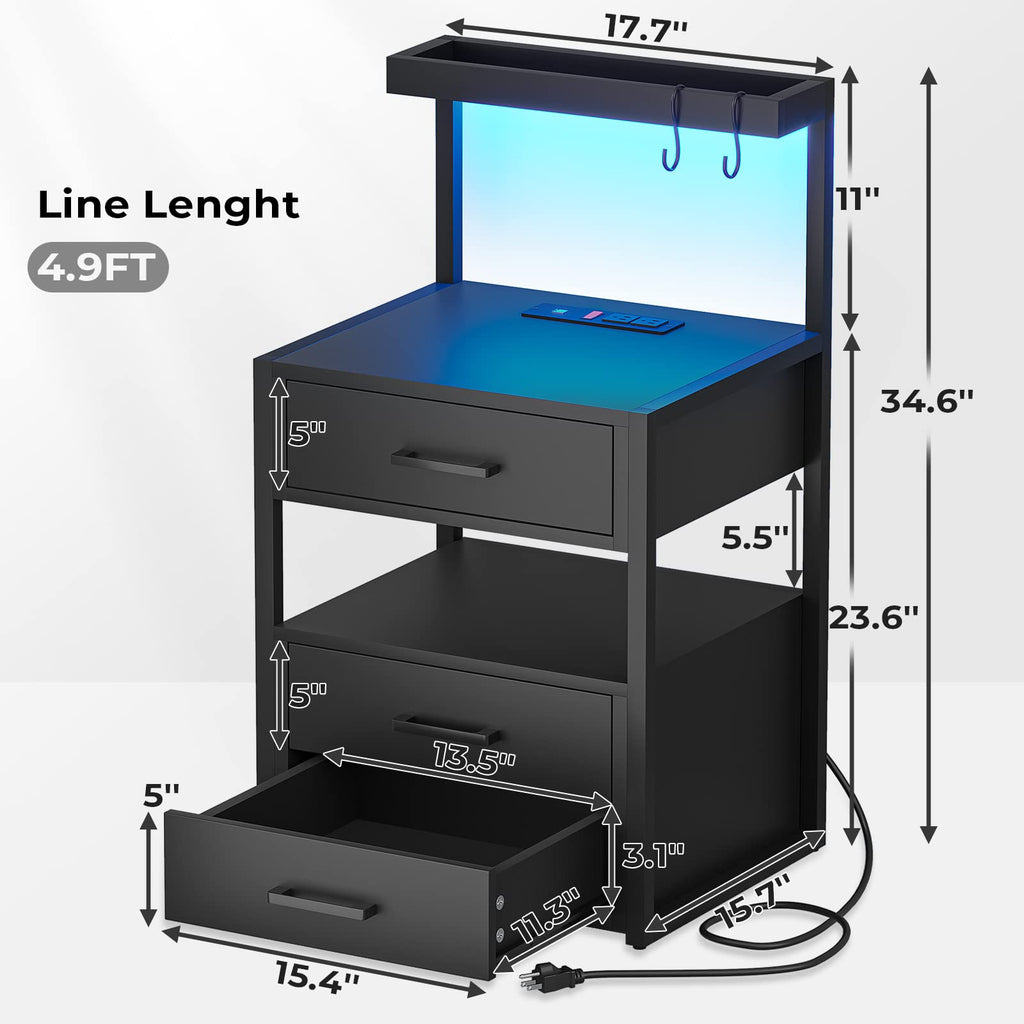 Black Nightstand with Charging Station and LED Lights, 3 Drawers H55703