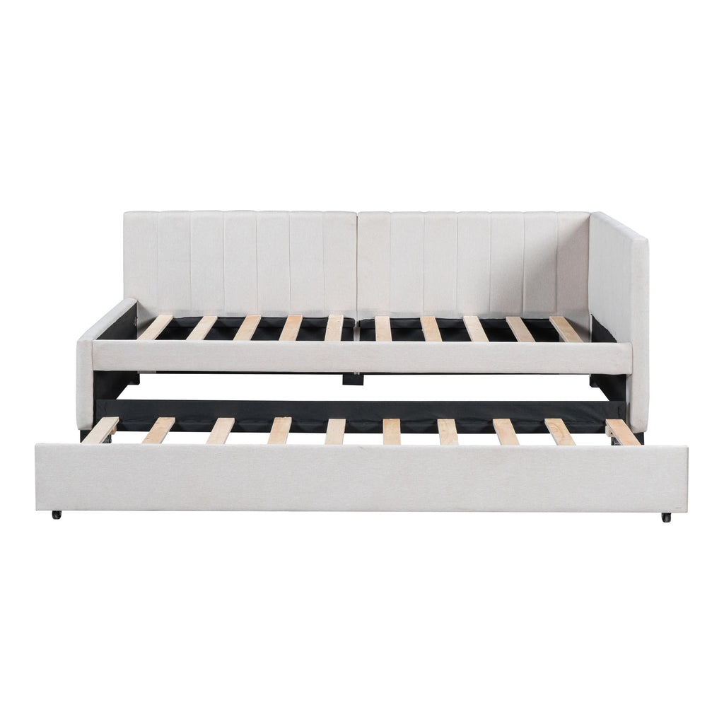 Upholstered Daybed with Trundle Linen Fabric Beige Twin A875075
