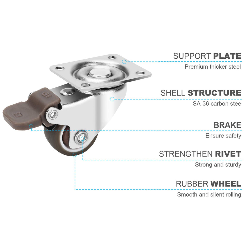 1 Inch TPE Rubber Swivel Caster Wheels Set of 4 with Brakes O869