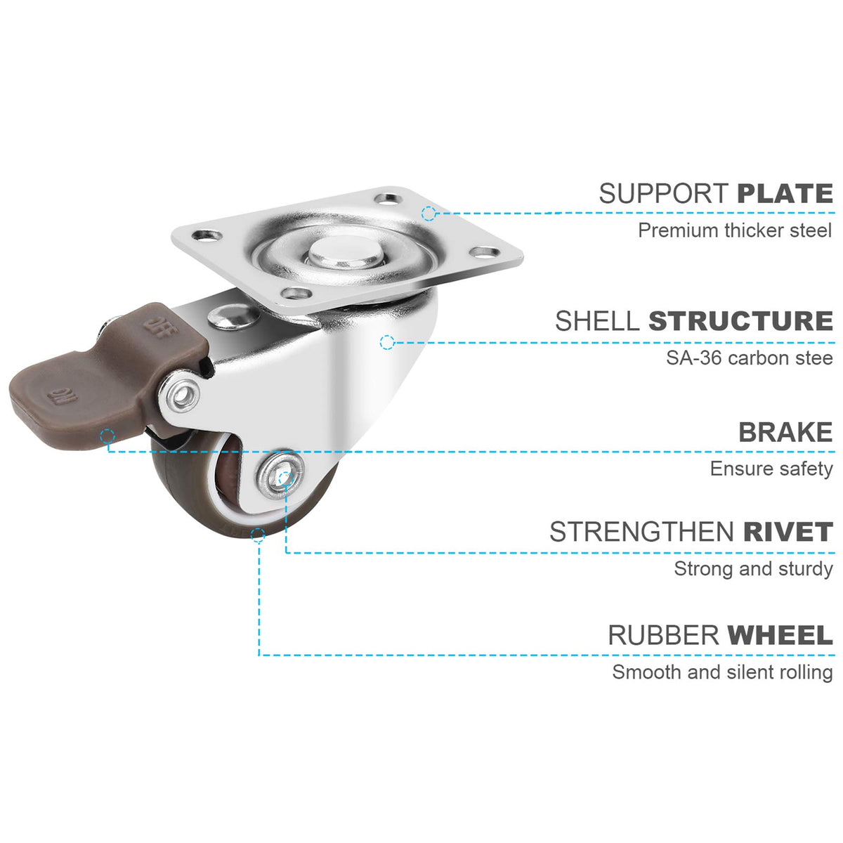 1 Inch TPE Rubber Swivel Caster Wheels Set of 4 with Brakes O869