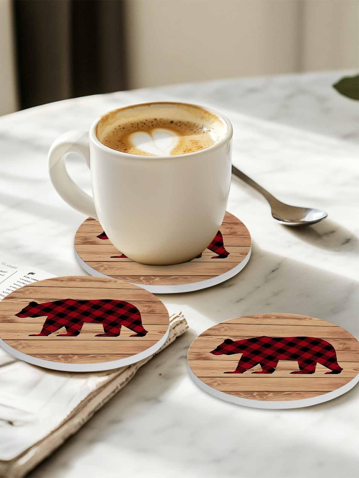 Red Black Plaid Bear Ceramic Coasters Set of 6 with Holder J8829