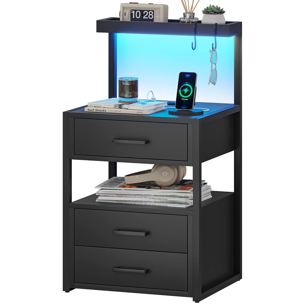 Black Nightstand with Charging Station and LED Lights, 3 Drawers H55703