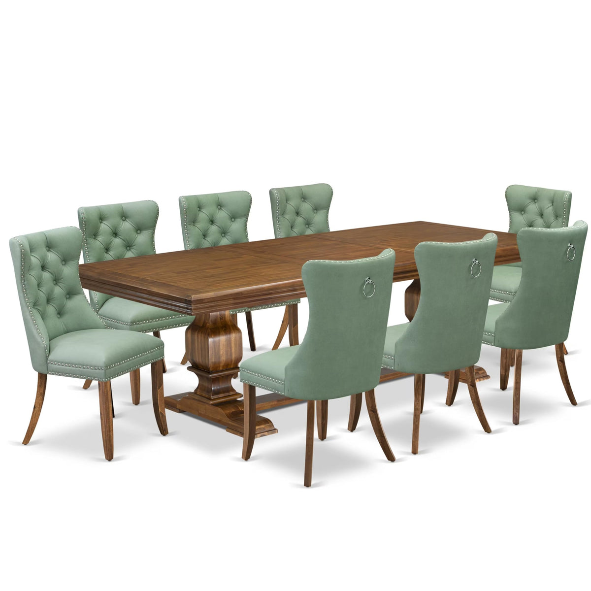 9 Piece Mid-century Dining Table Set with 8 Willow Green Polyester Chairs U59977