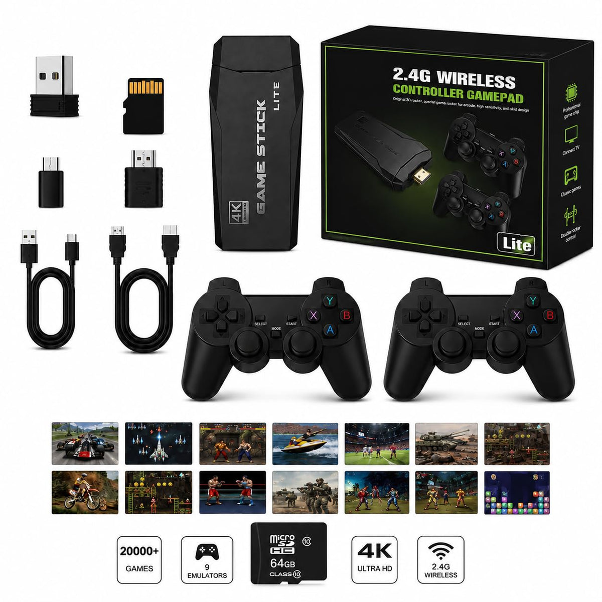 Wireless Retro Game Console Stick with 2.4G Controllers, 4K HDMI, 32G J1648