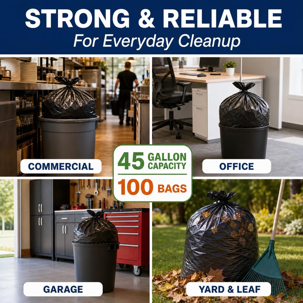 40-45 Gallon Heavy Duty Black Trash Bags 100 Count T3125