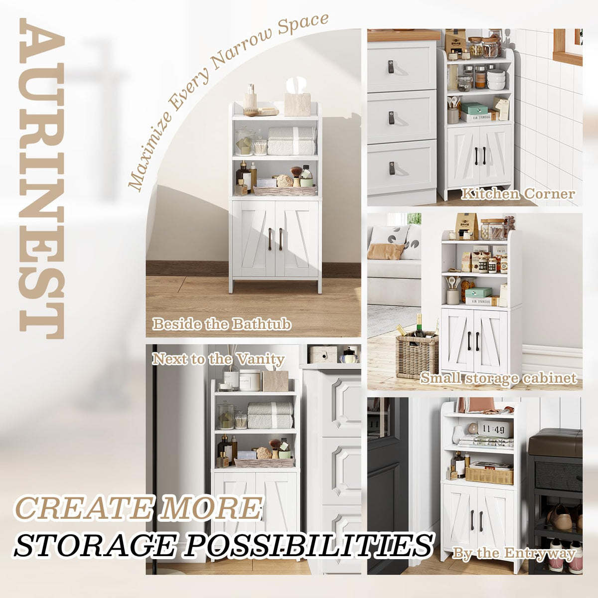 White Small Bathroom Storage Cabinet with 2 Doors and Shelves W975914