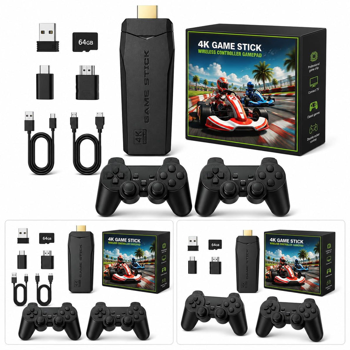 Wireless Retro Game Console Stick with 2.4G Controllers, 4K HDMI, 32G J1648