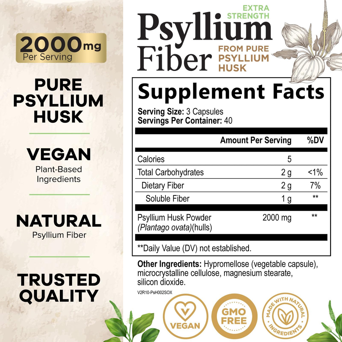 Psyllium Husk Capsules 2000 mg 120 Capsules Q61123