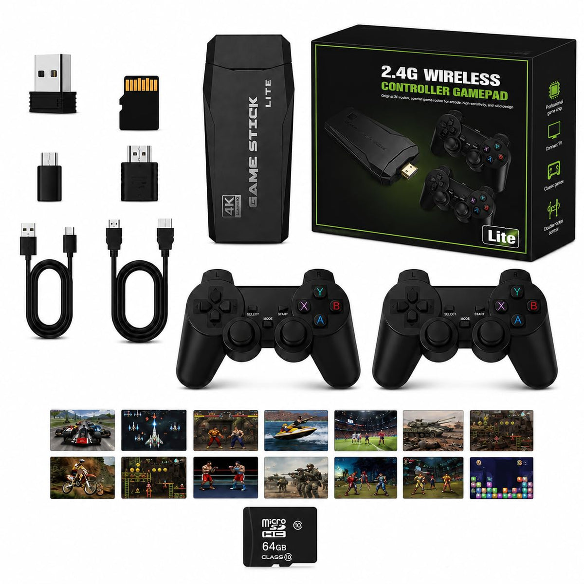 Wireless Retro Game Console Stick with 2.4G Controllers, 4K HDMI, 32G J1648