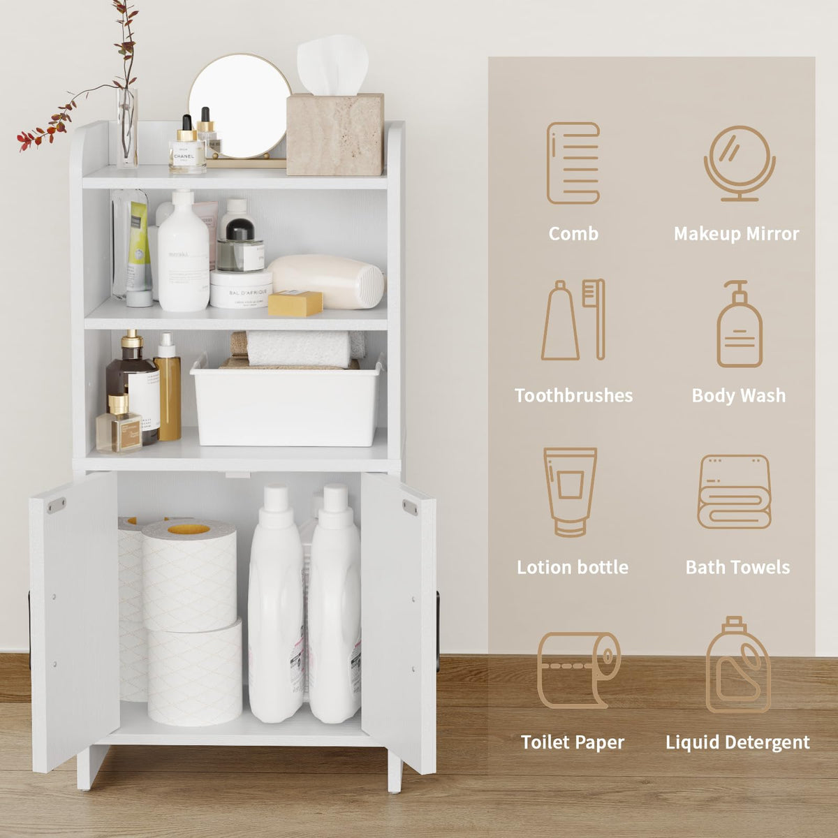 White Small Bathroom Storage Cabinet with 2 Doors and Shelves W975914