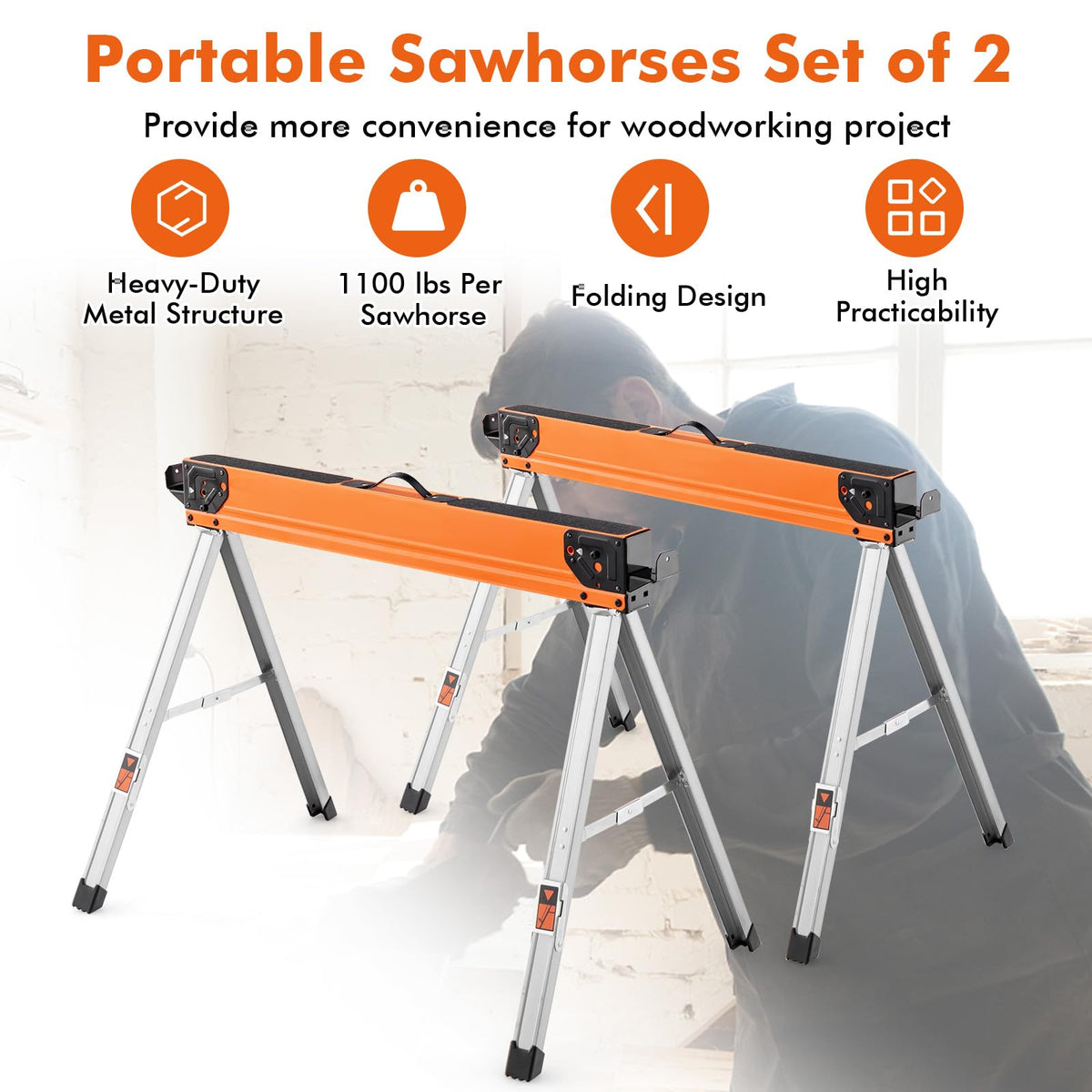 Heavy Duty Steel Folding Saw Horses 2 Pack 2200 LBS Capacity N25224