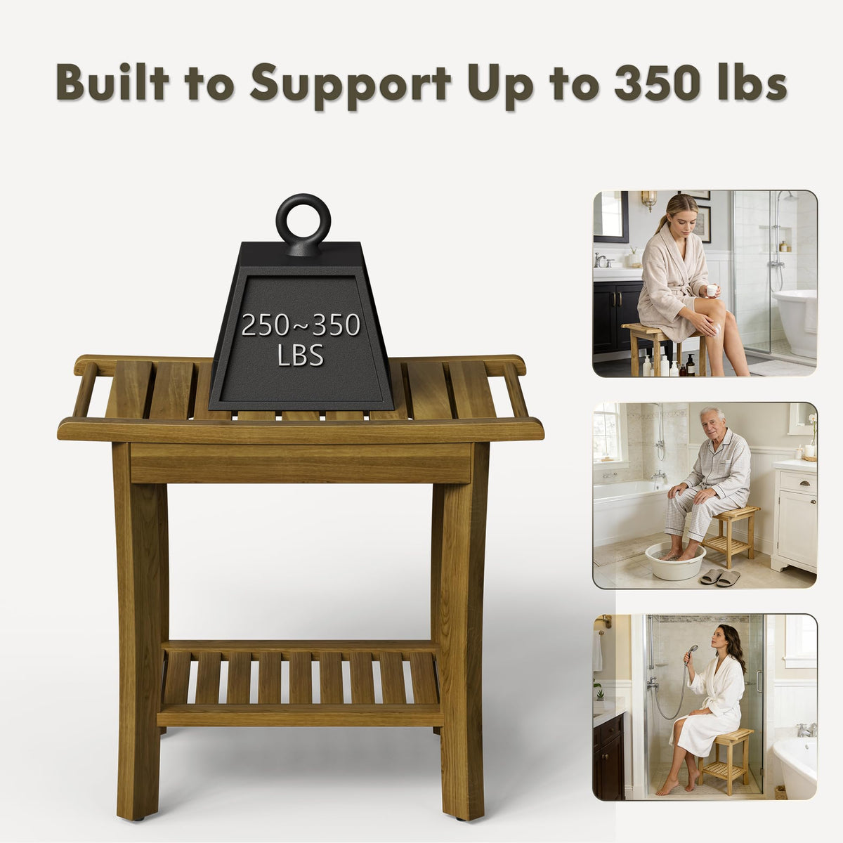Teak Wood Shower Bench with Shelf & Arms S62877