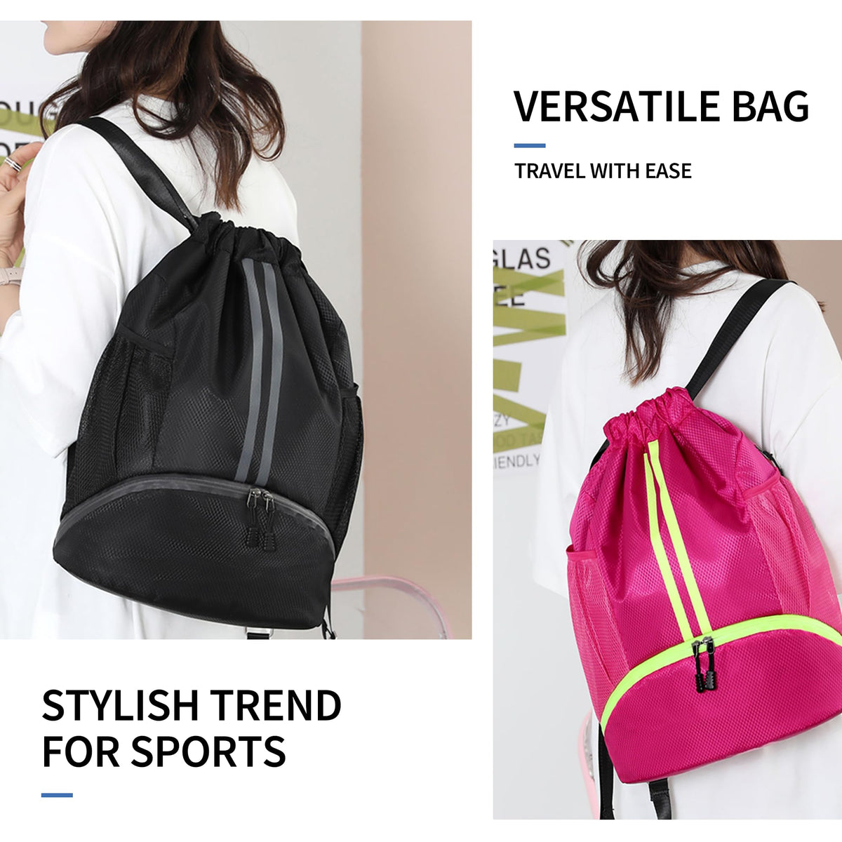 Drawstring Backpack Gym Bag with Shoes Compartment O576396