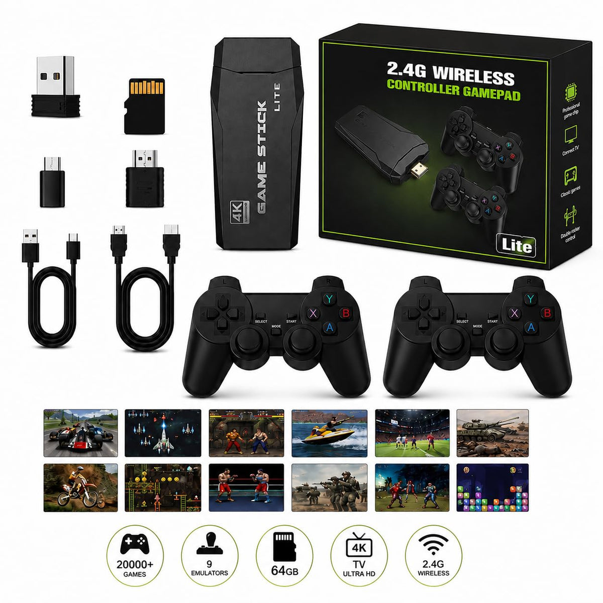 Wireless Retro Game Console Stick with 2.4G Controllers, 4K HDMI, 32G J1648
