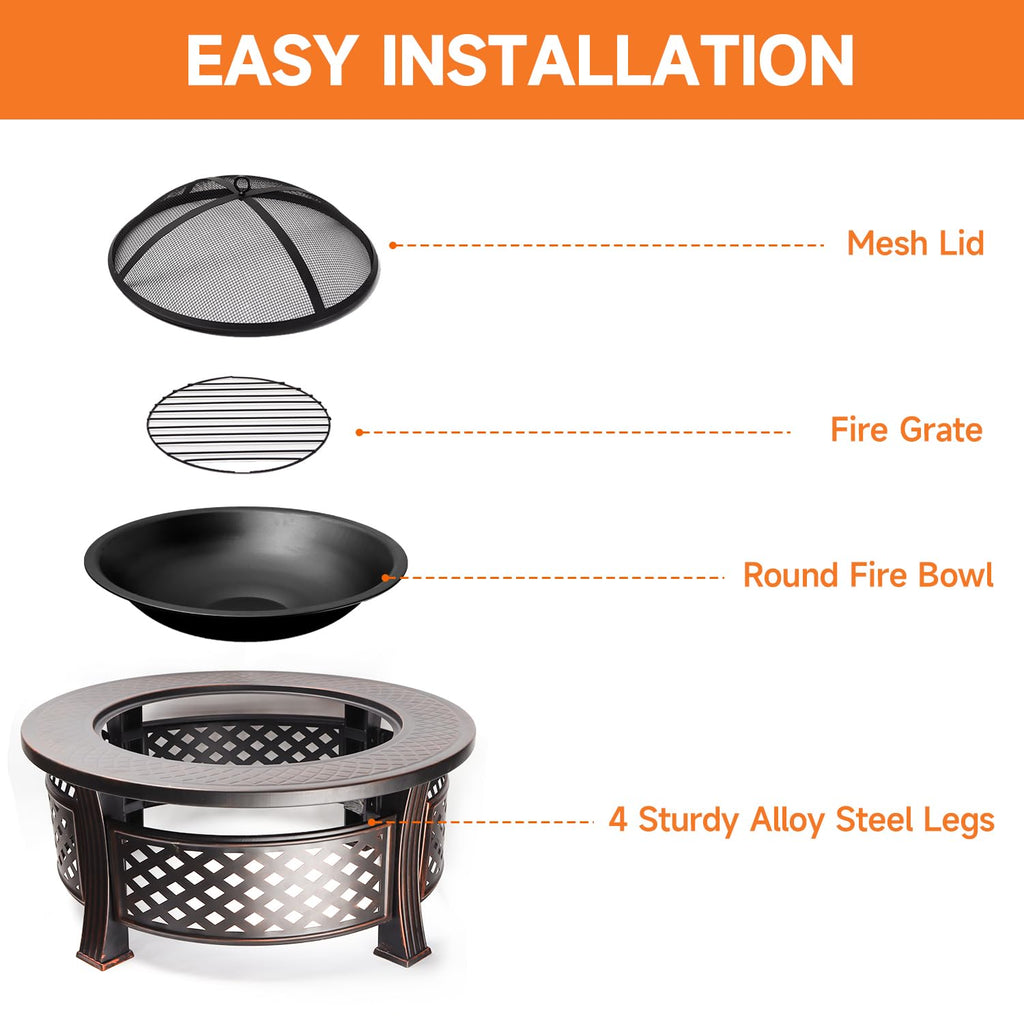 32-Inch Round Metal Fire Pit Table Set L1985