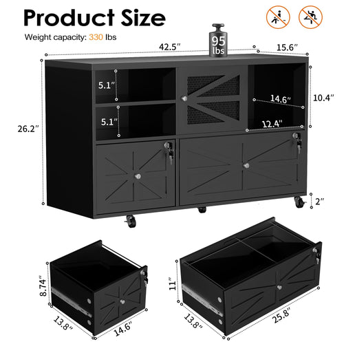 2 Drawer Wood Mobile Lateral File Cabinet with Storage Shelves, Black W359