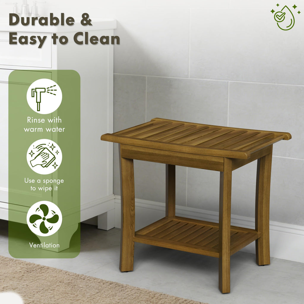 Teak Wood Shower Bench with Shelf & Arms S62877