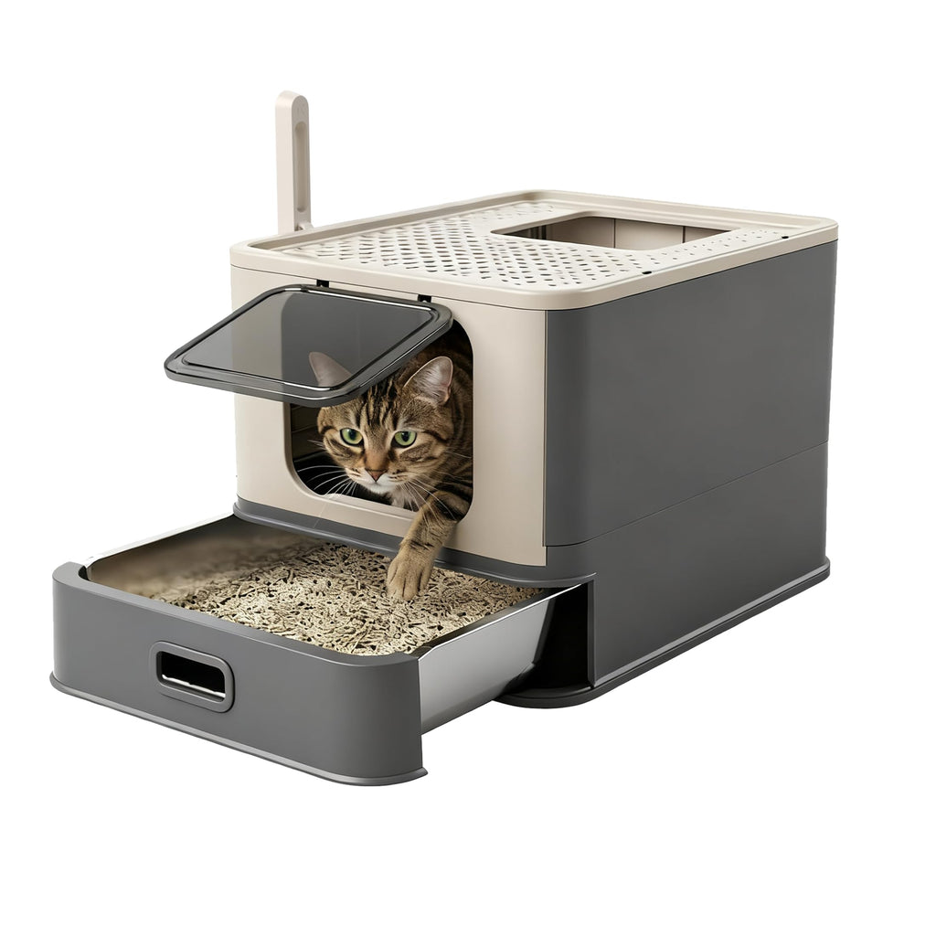 XL Enclosed Stainless Steel Cat Litter Box with Pull-Out Drawer B979