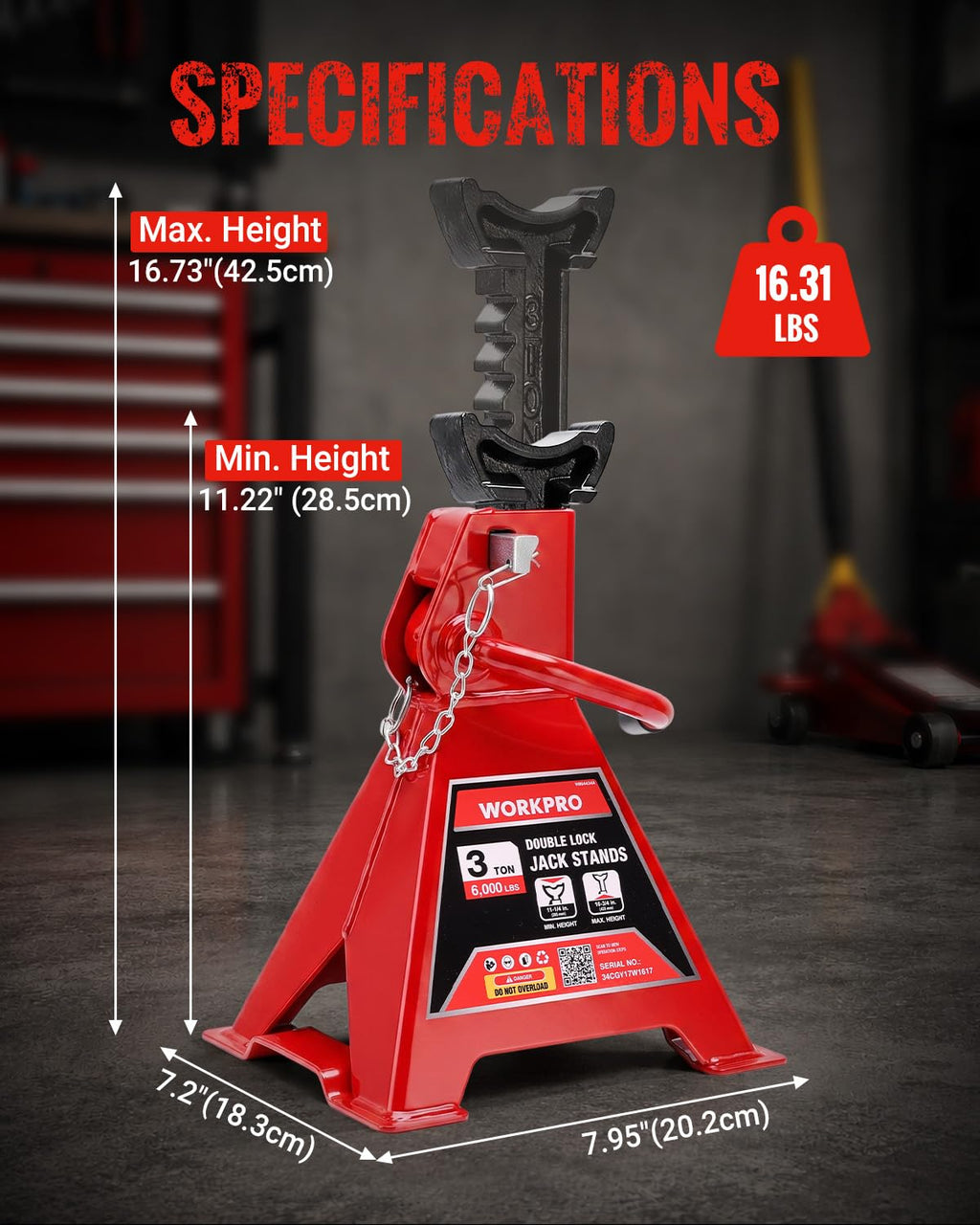 3 Ton Jack Stands with Double Lock, 1 Pair L733