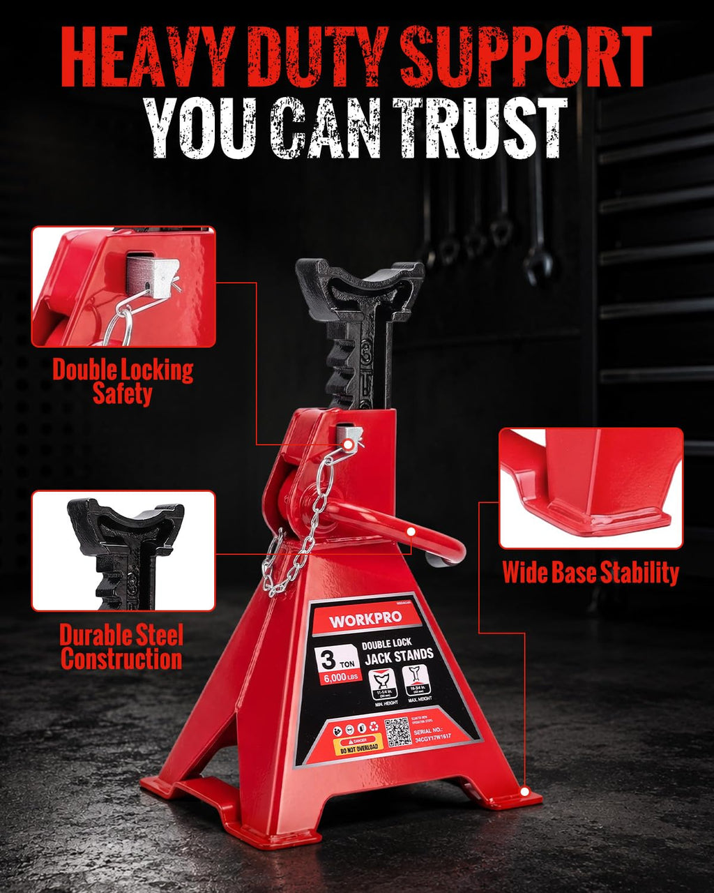 3 Ton Jack Stands with Double Lock, 1 Pair L733