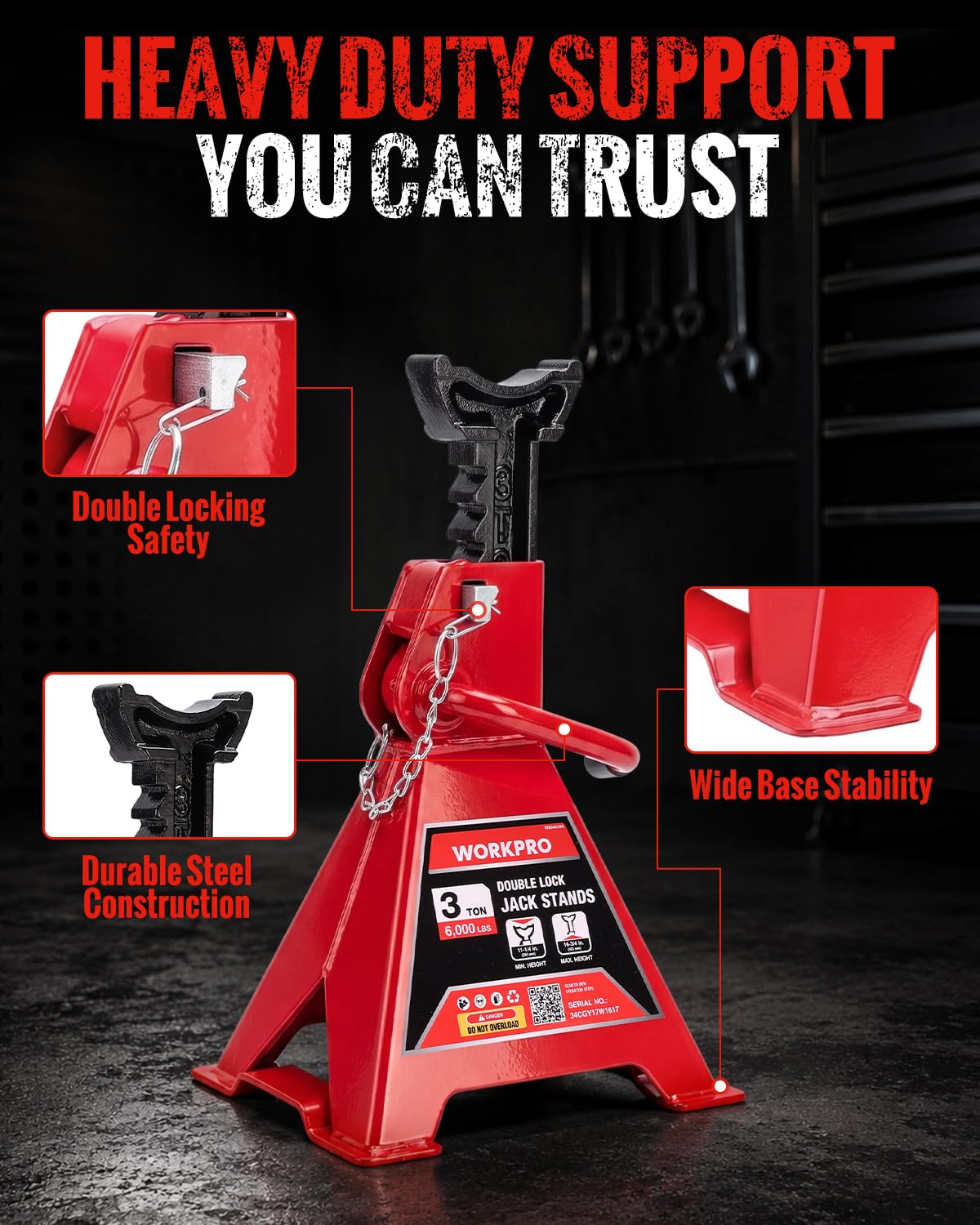 3 Ton Jack Stands with Double Lock, 1 Pair L733