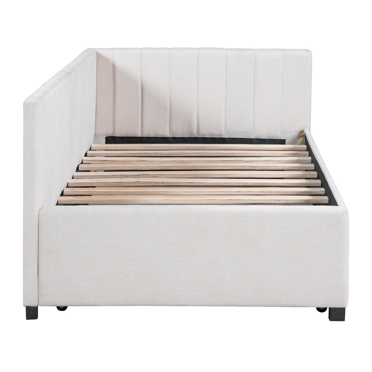 Upholstered Daybed with Trundle Linen Fabric Beige Twin A875075