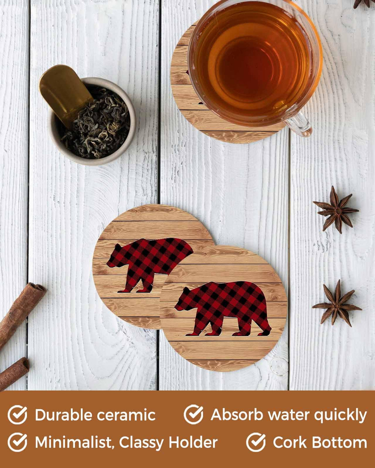 Red Black Plaid Bear Ceramic Coasters Set of 6 with Holder J8829