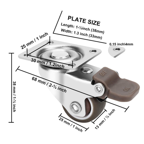 1 Inch TPE Rubber Swivel Caster Wheels Set of 4 with Brakes O869