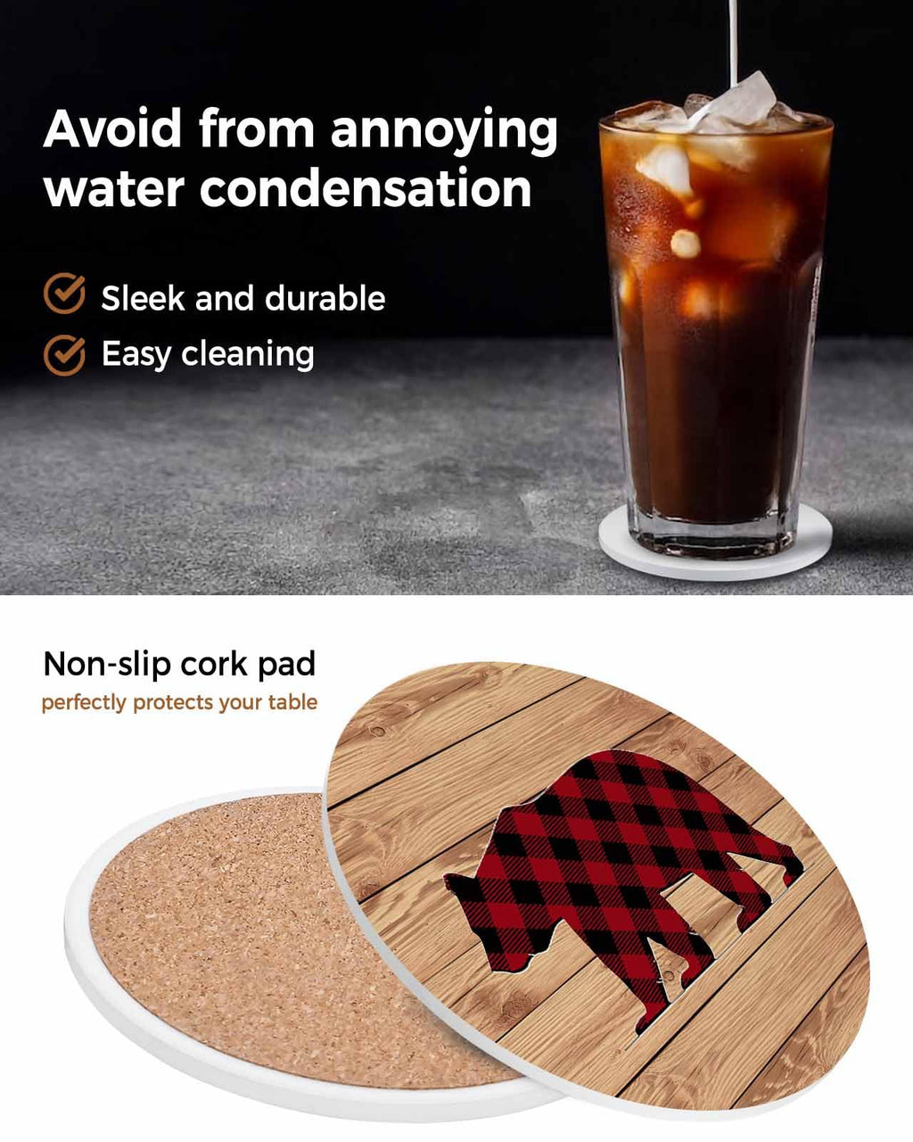 Red Black Plaid Bear Ceramic Coasters Set of 6 with Holder J8829