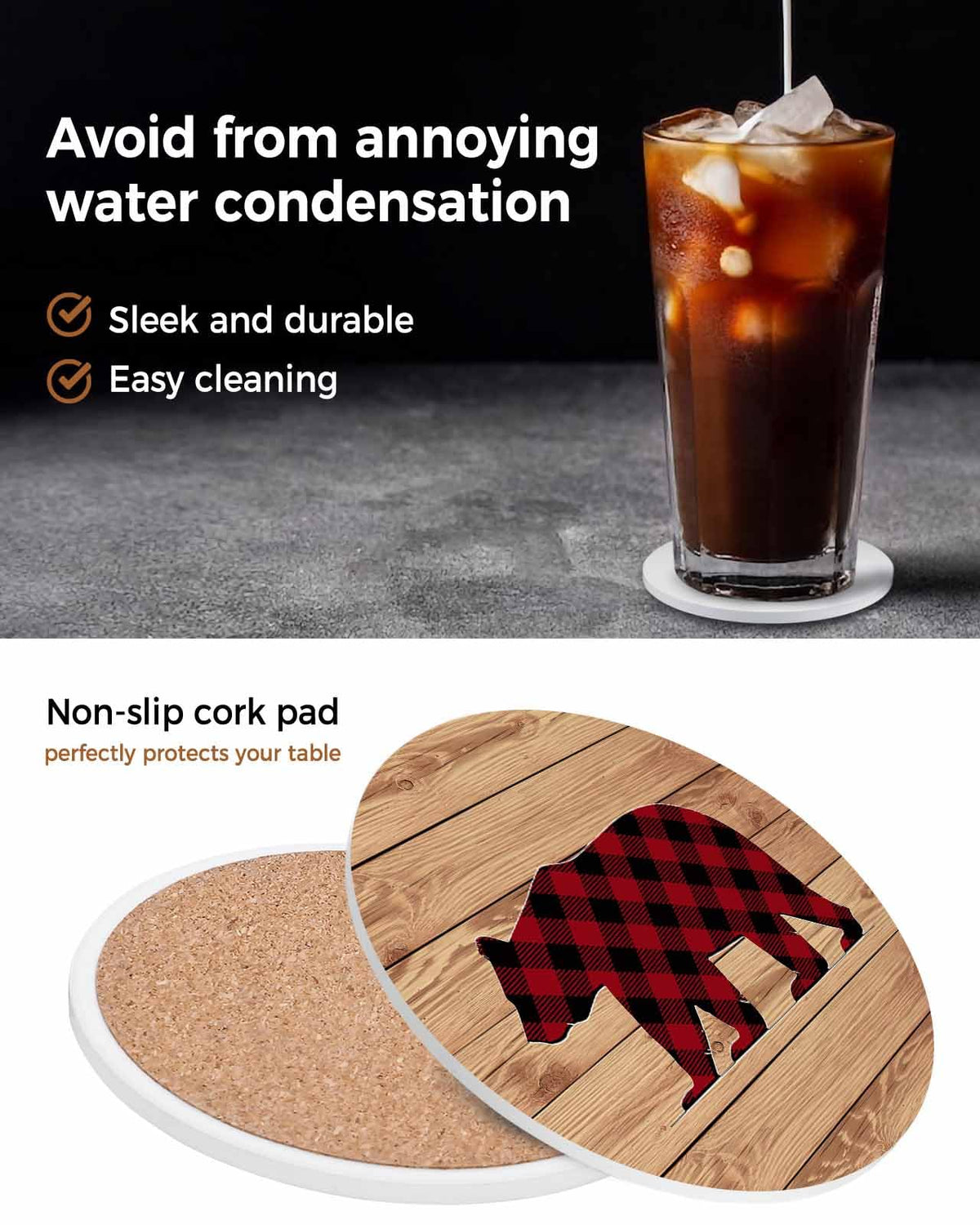 Red Black Plaid Bear Ceramic Coasters Set of 6 with Holder J8829