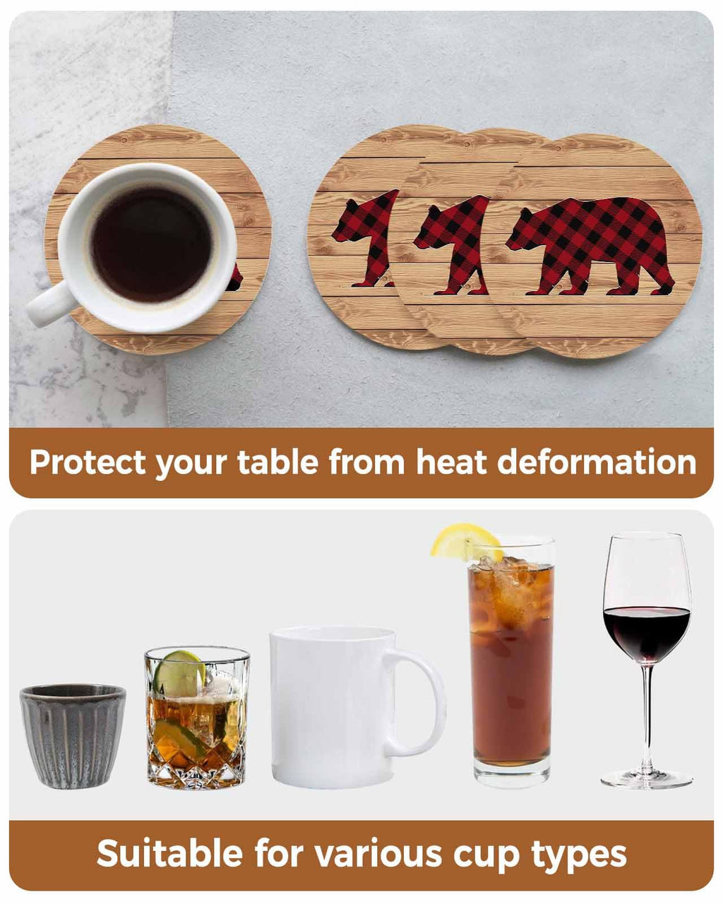 Red Black Plaid Bear Ceramic Coasters Set of 6 with Holder J8829
