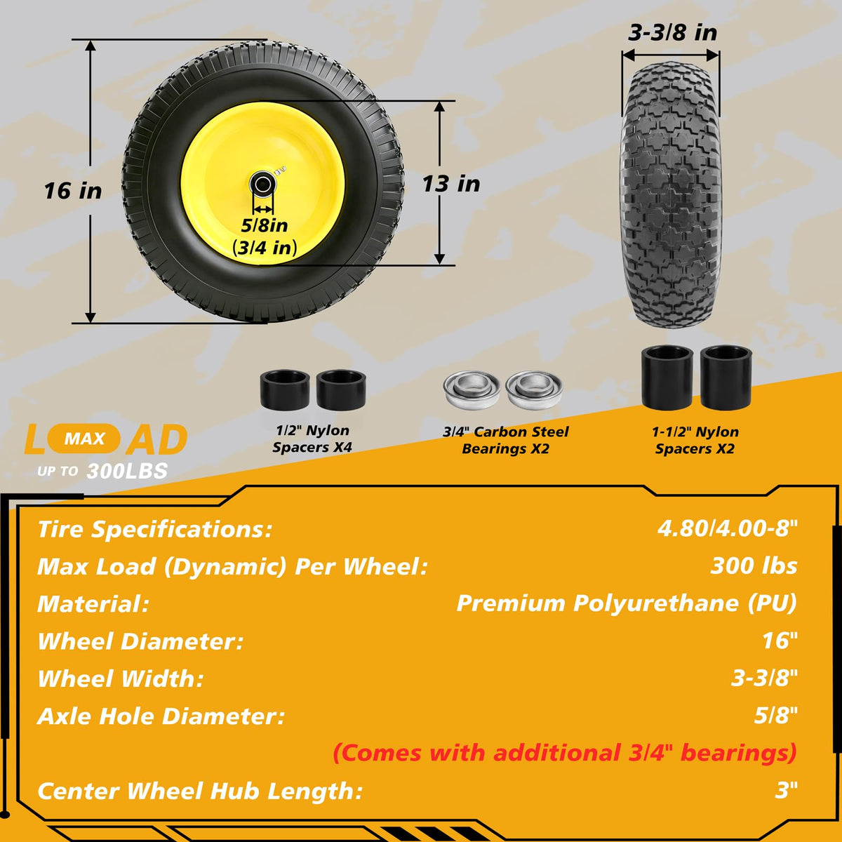 16 Inch Flat Free Wheelbarrow Tire and Wheel 2 Pack U609