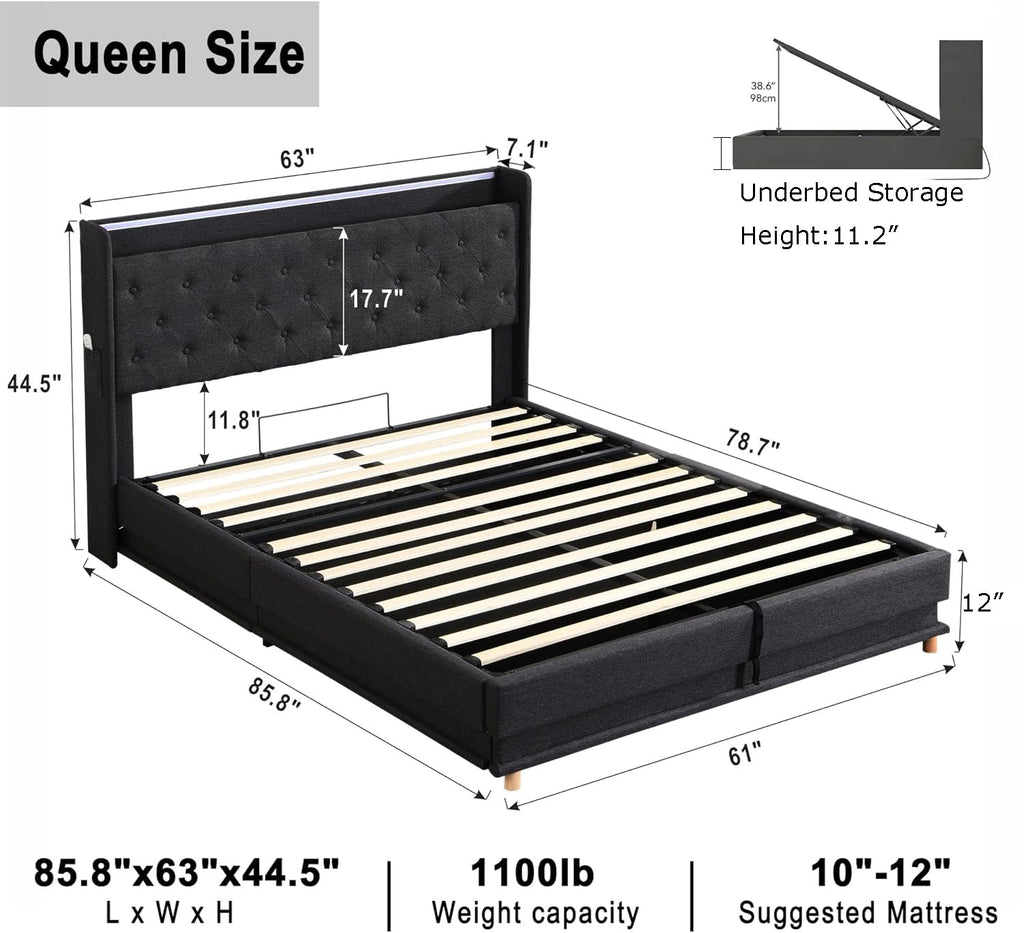 Queen Size Black Upholstered Lift Up Storage Bed Frame T430