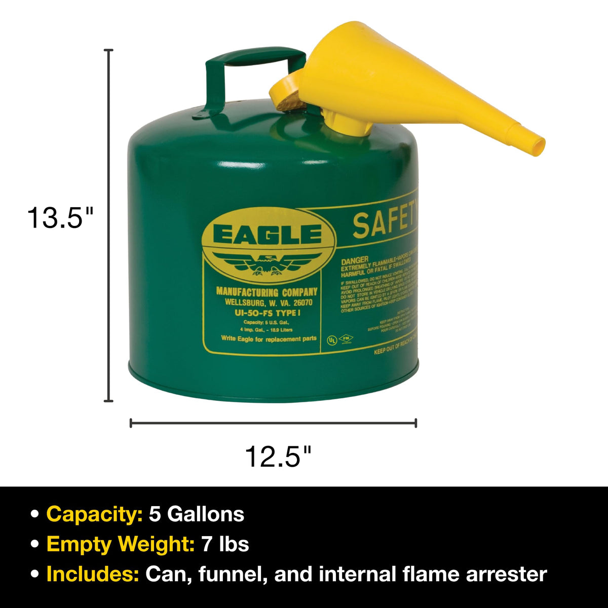 5 Gallon Type I Green Safety Gas Can H624