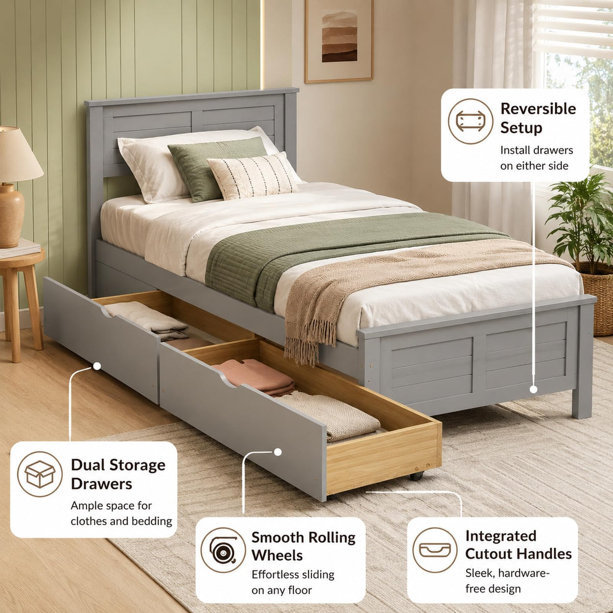 Wood Bed Frame with 2 Drawers & Headboard R83880
