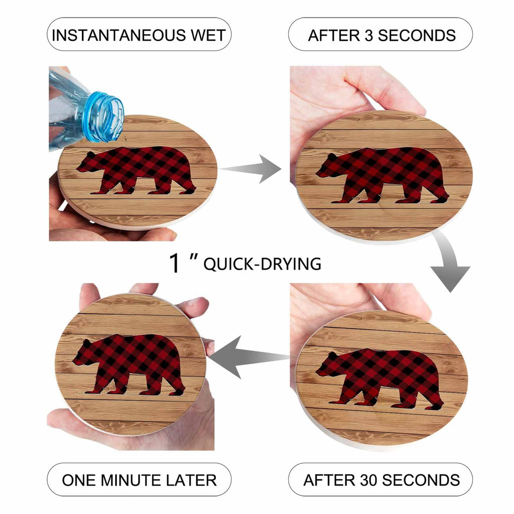 Red Black Plaid Bear Ceramic Coasters Set of 6 with Holder J8829