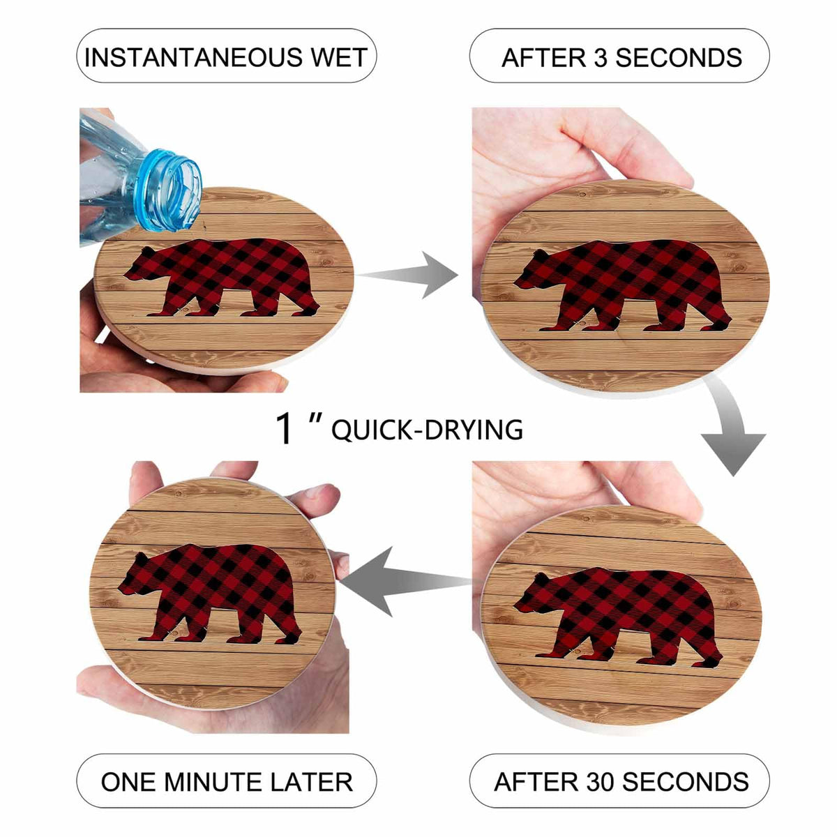 Red Black Plaid Bear Ceramic Coasters Set of 6 with Holder J8829