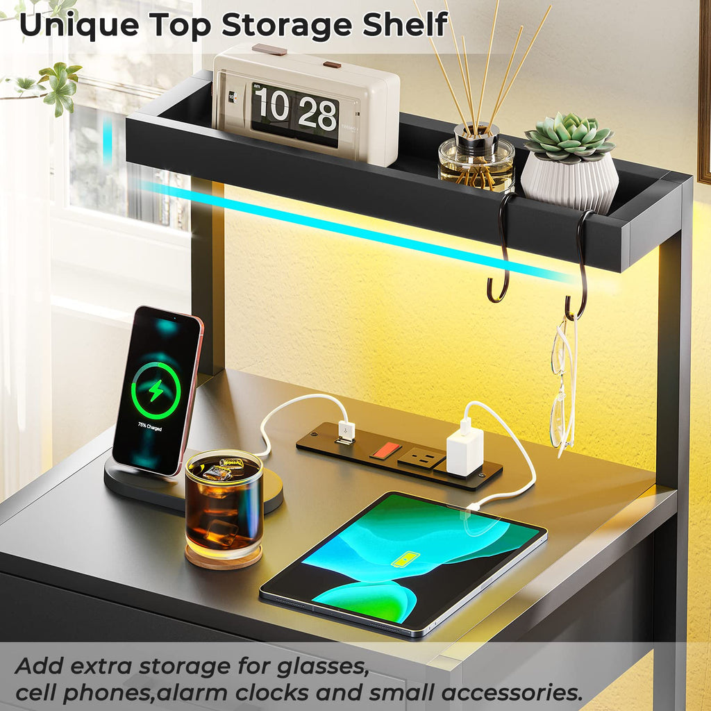 Black Nightstand with Charging Station and LED Lights, 3 Drawers H55703