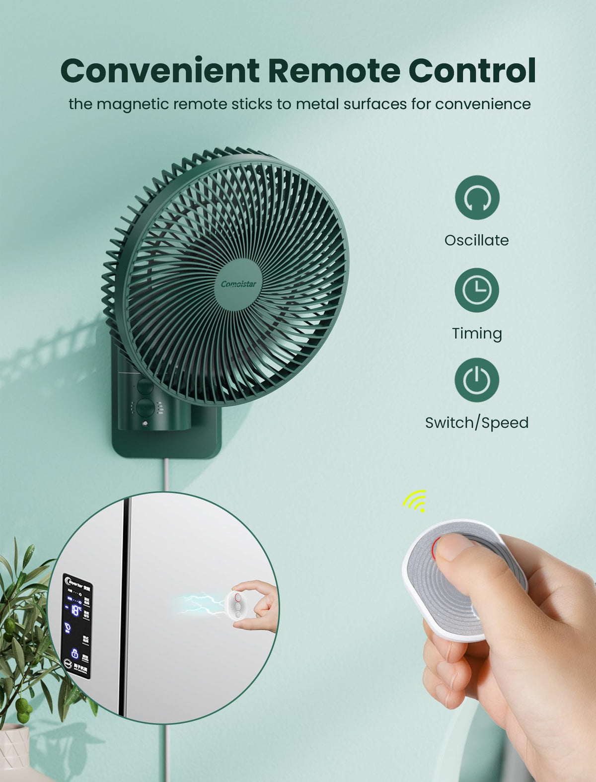 Wall Mounted Oscillating Fan with Remote and Timer, 8.5 Inch 4 Speeds O756