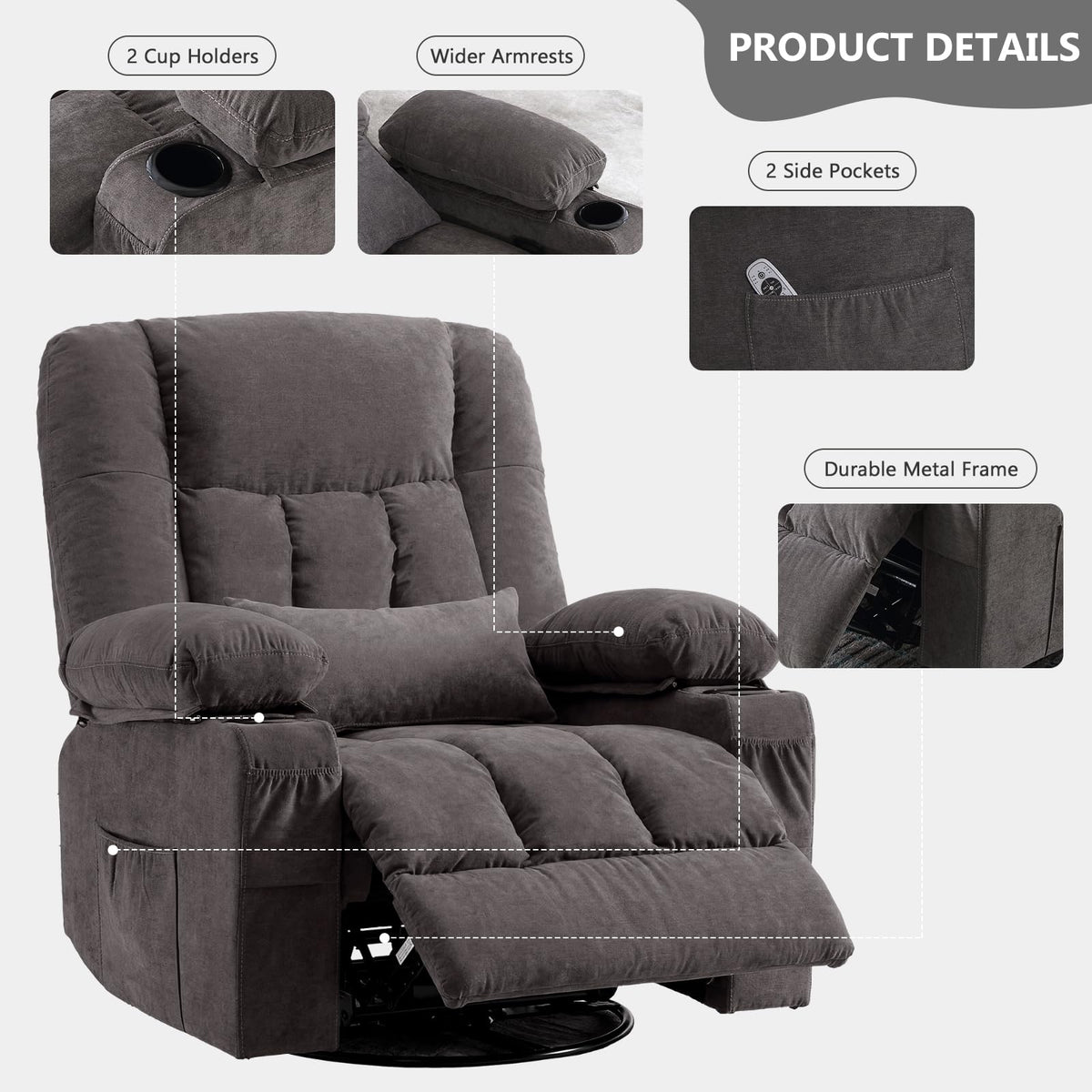 Swivel Rocker Recliner Chair with Massage and Heat N548635