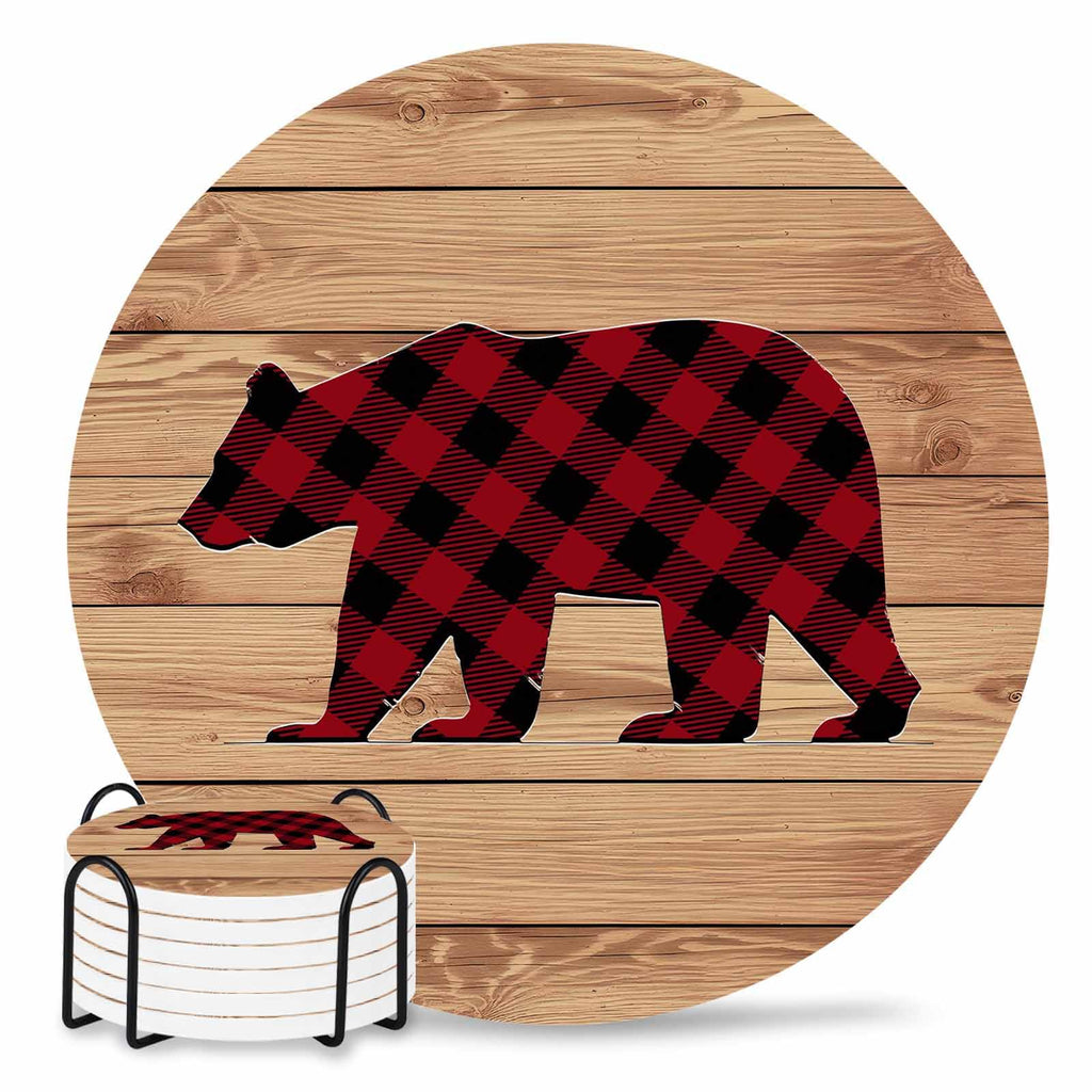 Red Black Plaid Bear Ceramic Coasters Set of 6 with Holder J8829