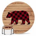 Red Black Plaid Bear Ceramic Coasters Set of 6 with Holder J8829