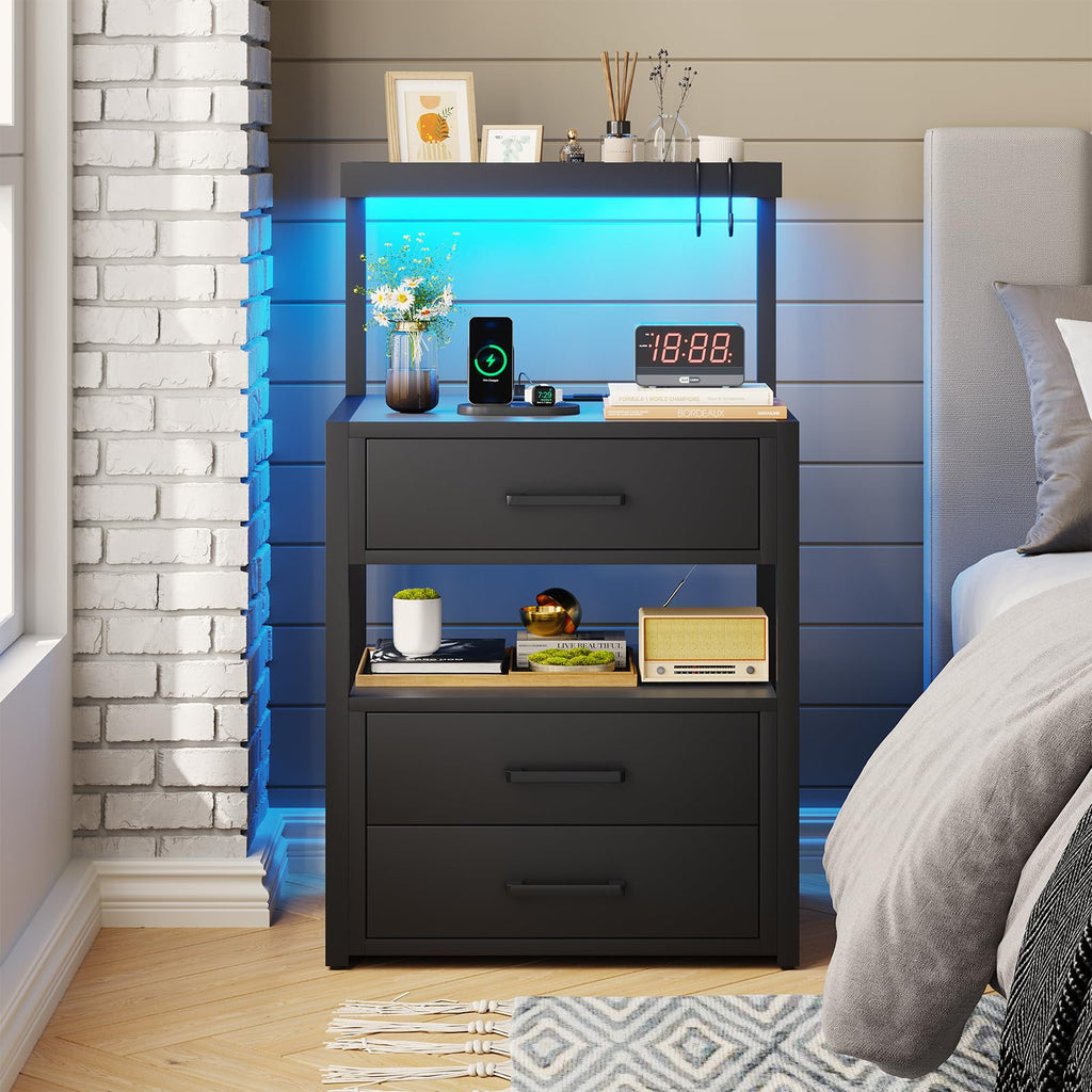 Black Nightstand with Charging Station and LED Lights, 3 Drawers H55703