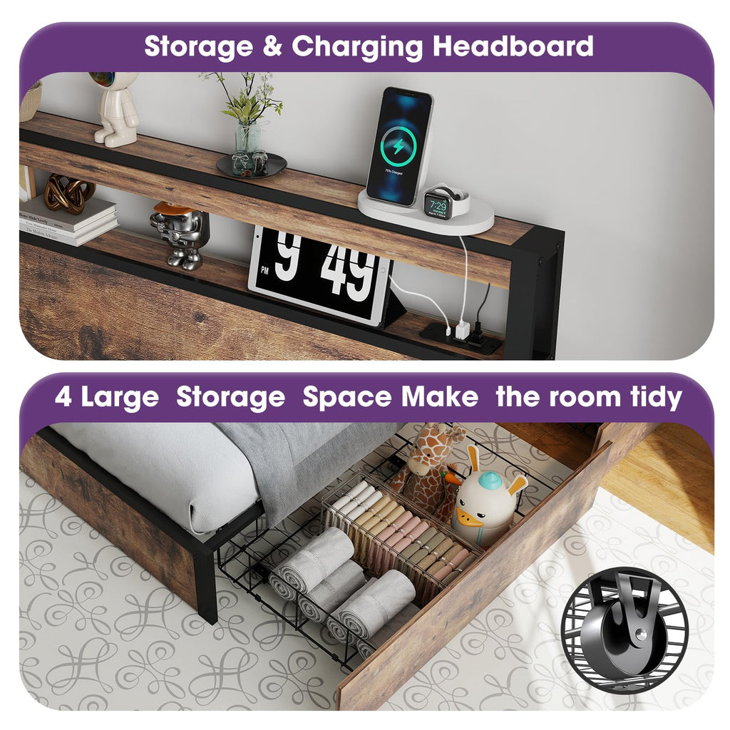 Queen Size Bed Frame with LED Light Headboard and 4 Storage Drawers Q161162