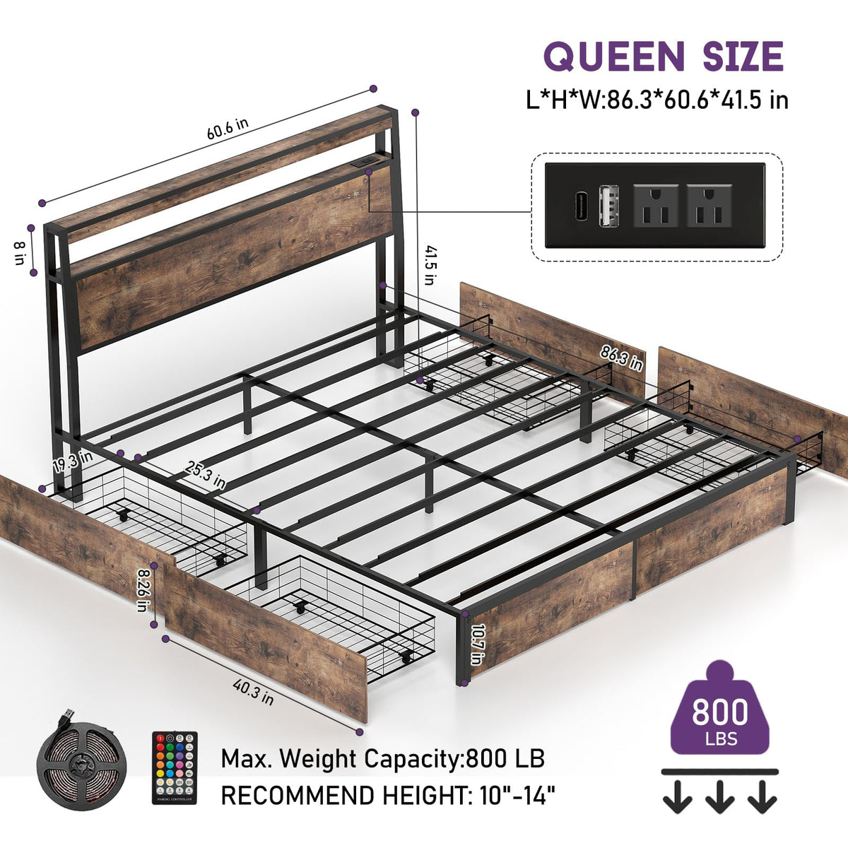Queen Size Bed Frame with LED Light Headboard and 4 Storage Drawers Q161162