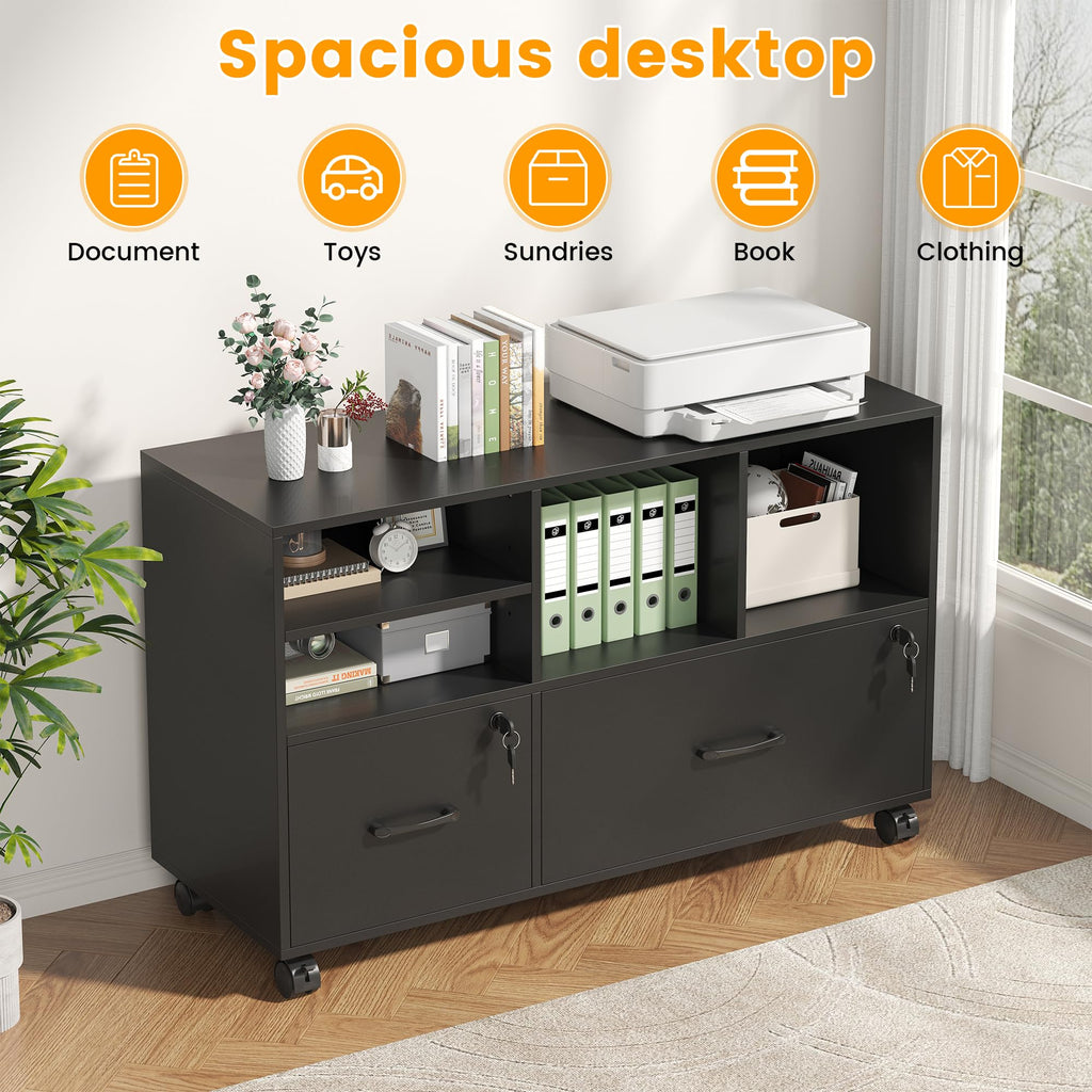 2 Drawer Wood Mobile Lateral File Cabinet with Storage Shelves, Black W359